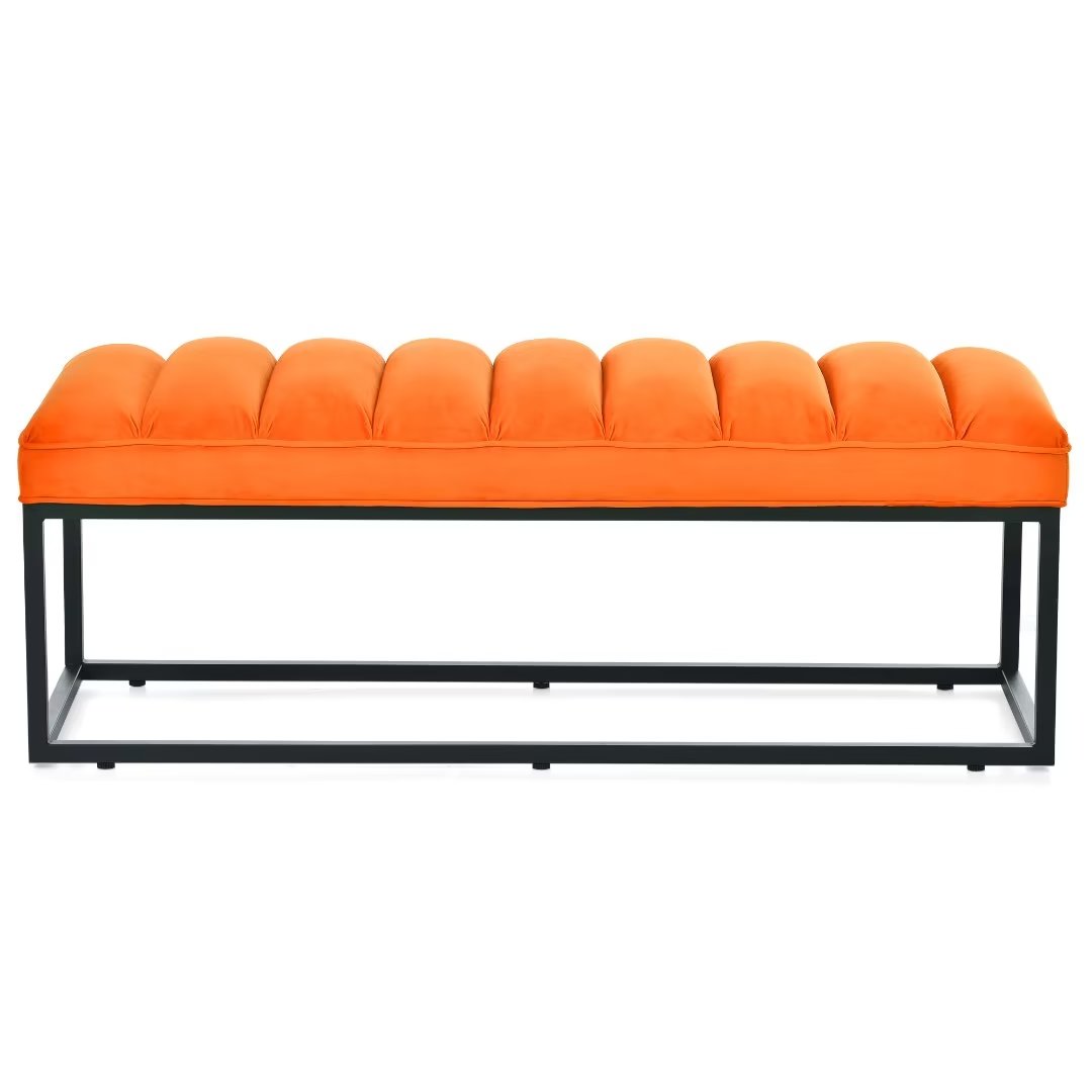 Upholstered Ottoman Bench,Vanity Bench End of Bed Bench with Metal Base,Entryway Shoe Bench Dining Room Bench for Living Room Bedroom Entryway,Orange+Fabric