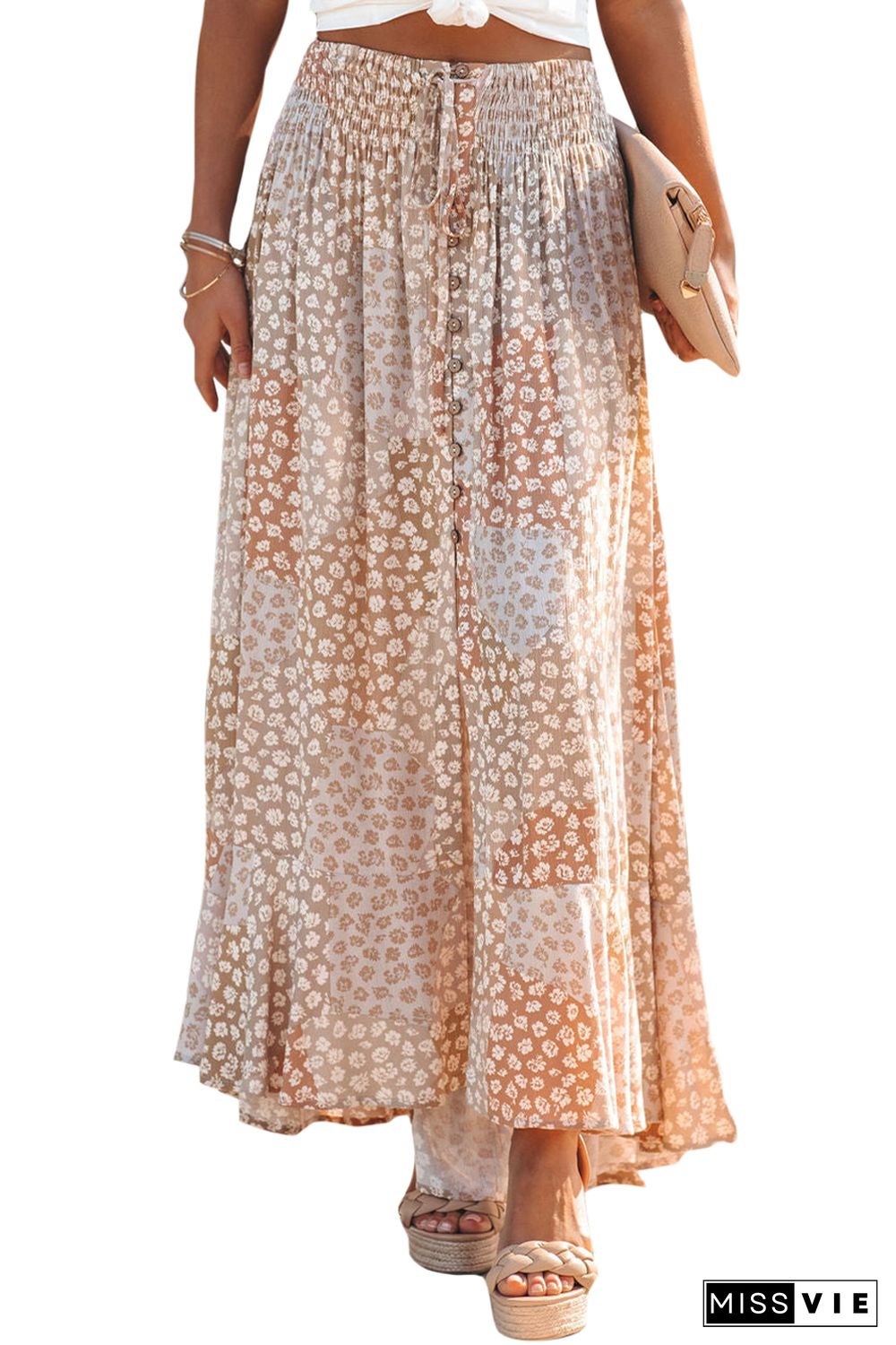 Apricot Boho Flower Print Smocked Waist Button Slit Maxi Skirt