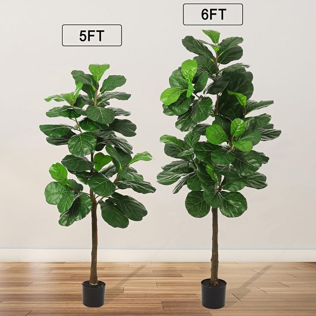 5ft Artificial Fiddle Leaf Fig Tree， Set Of 2 Faux Fig Silk Trees In Pot， Decorative Indoor Plants For Home， Office， Living Room， Entryway