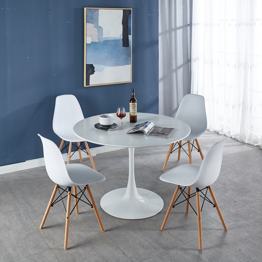 Modern 5 pieces Dining Set with Round Dining Table and High Back Dining Chairs for Dining Room  White