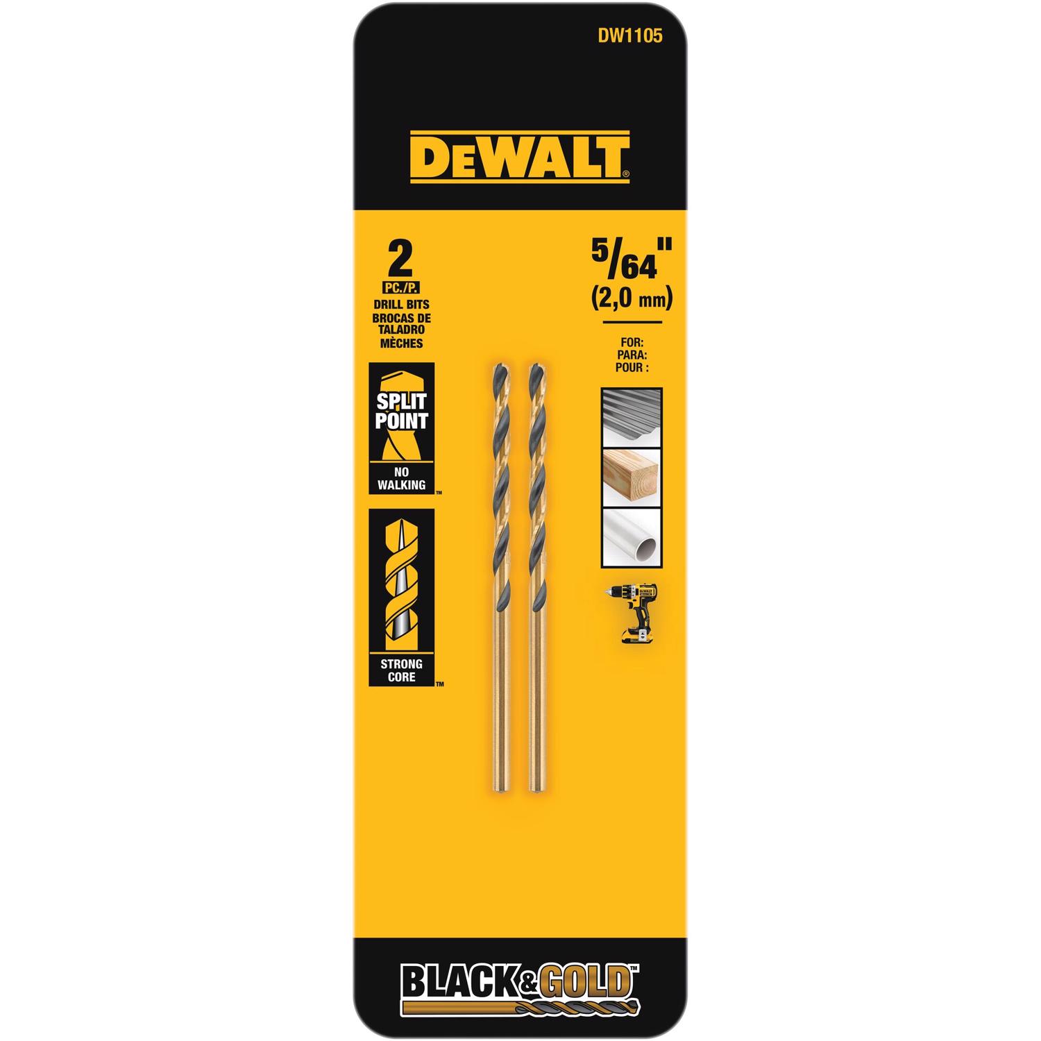 DW Black \u0026 Gold 5/64 in. X 2.25 in. L High Speed Steel Drill Bit 2 pc