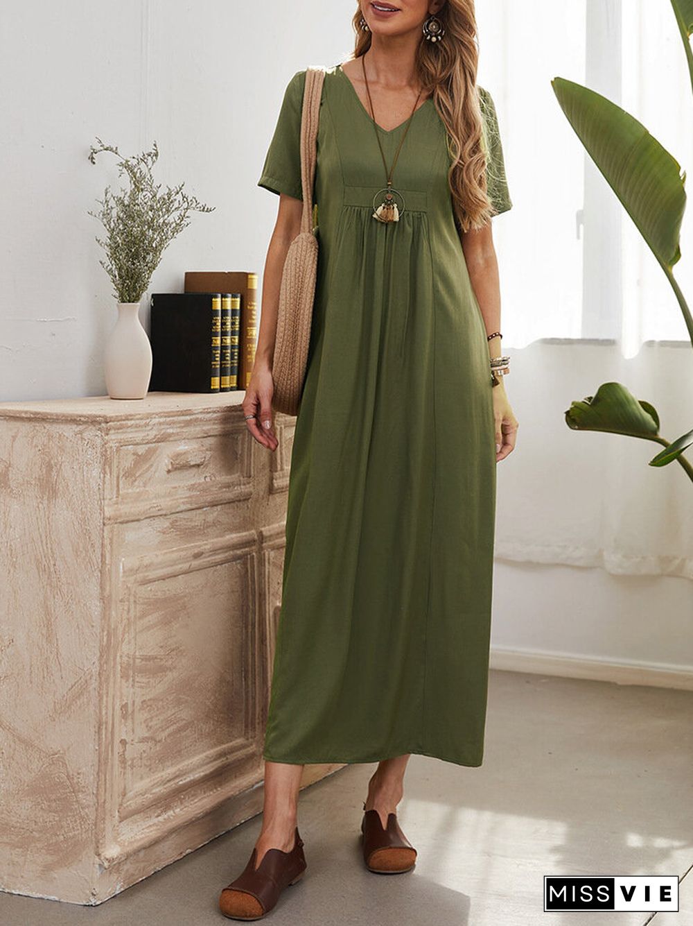 Women Solid Short Sleeve V-neck High Waist Maxi Dress