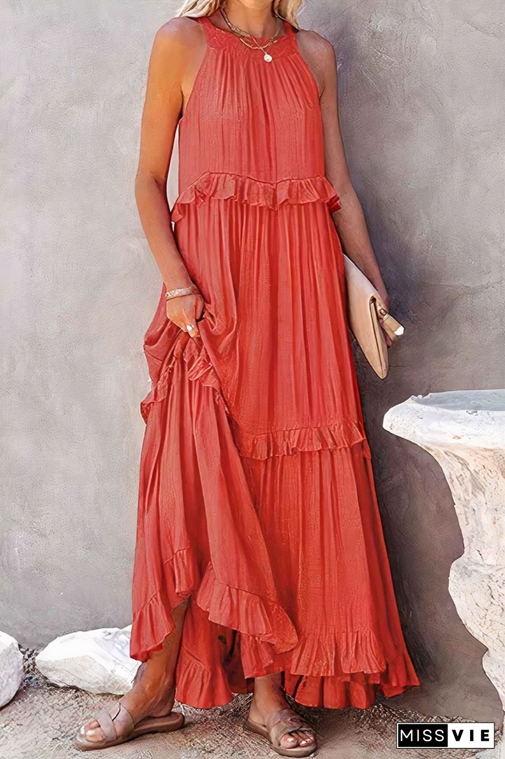 Ruffle Trim Shirred Tie Back Maxi Dress