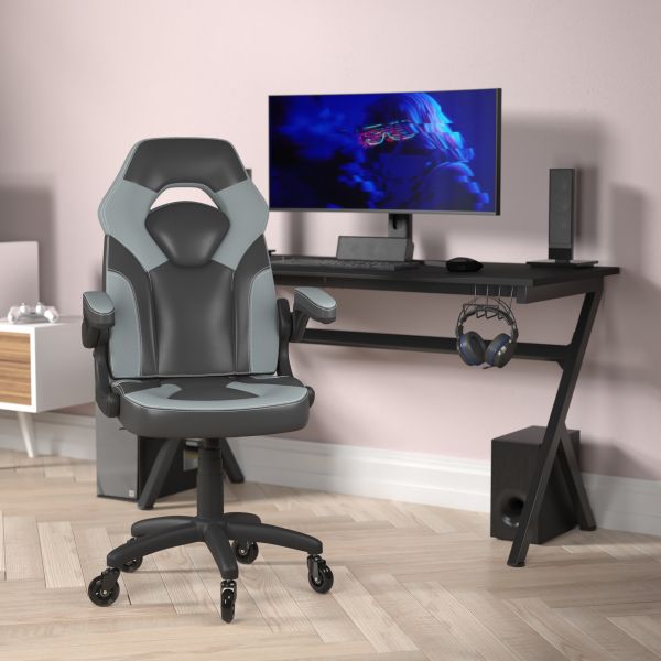 X10 Gaming Chair Racing Office Computer PC Adjustable Chair with Flip-up Arms and Transparent Roller Wheels， Gray/Black LeatherSoft