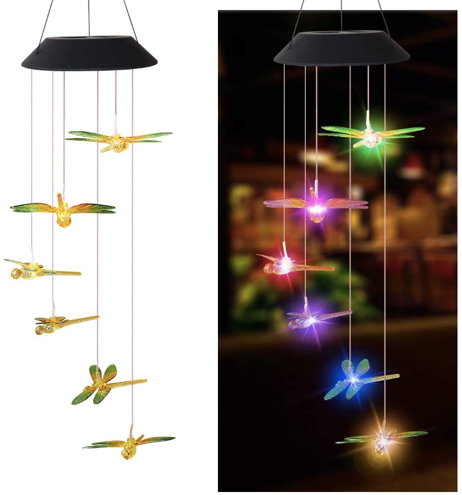 Dragonfly Solar Light， Epicgadget Dragonfly Wind Chime Color Changing Outdoor Solar Garden Decorative Lights for Walkway Pathway Backyard Christmas Decoration Parties (Yellow Dragonfly)