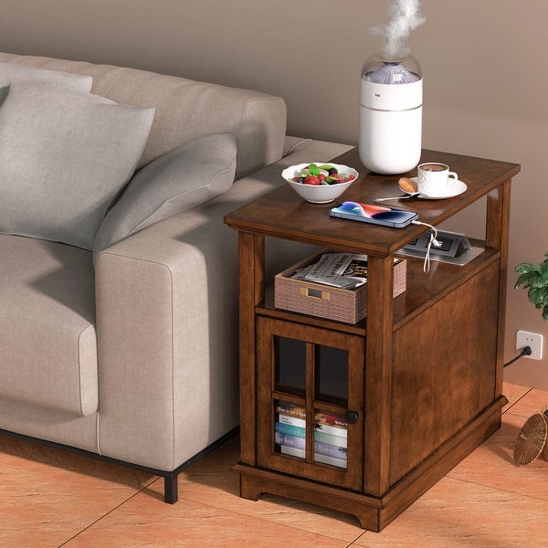 End Table with Charging Station， Narrow Side Table with Storage， Nightstand for Small Spaces with USB - as picture