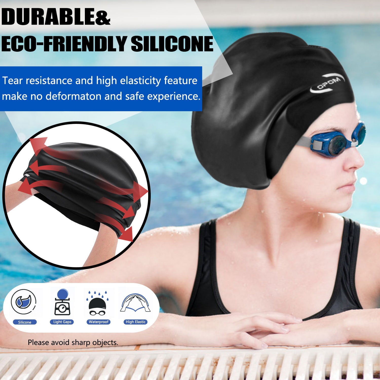 Opom Extra Large Swimming Caps,Silicone Waterproof Swimming Hat Anti-Silp Bathing Cap for Woman Men-Black