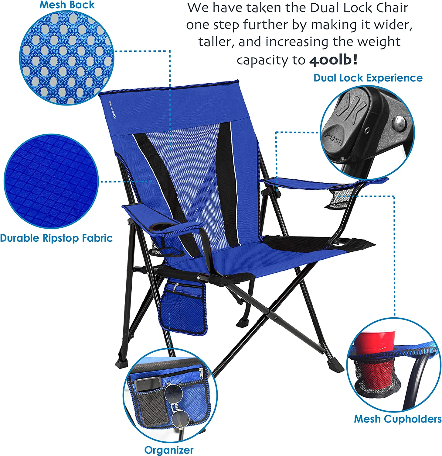 Kijaro XXL Dual Lock Portable Camping Chair - Supports Up To 400lbs - Enjoy the Outdoors in a Versatile Folding Chair， Sports Chair， Outdoor Chair and Lawn Chair (Madives Blue)