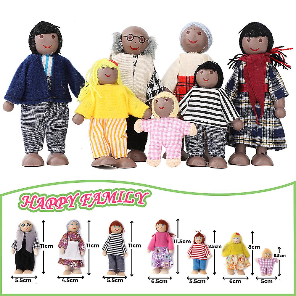 7 People Family Dolls Playset Wooden Figures For Children House Pretend Gift New