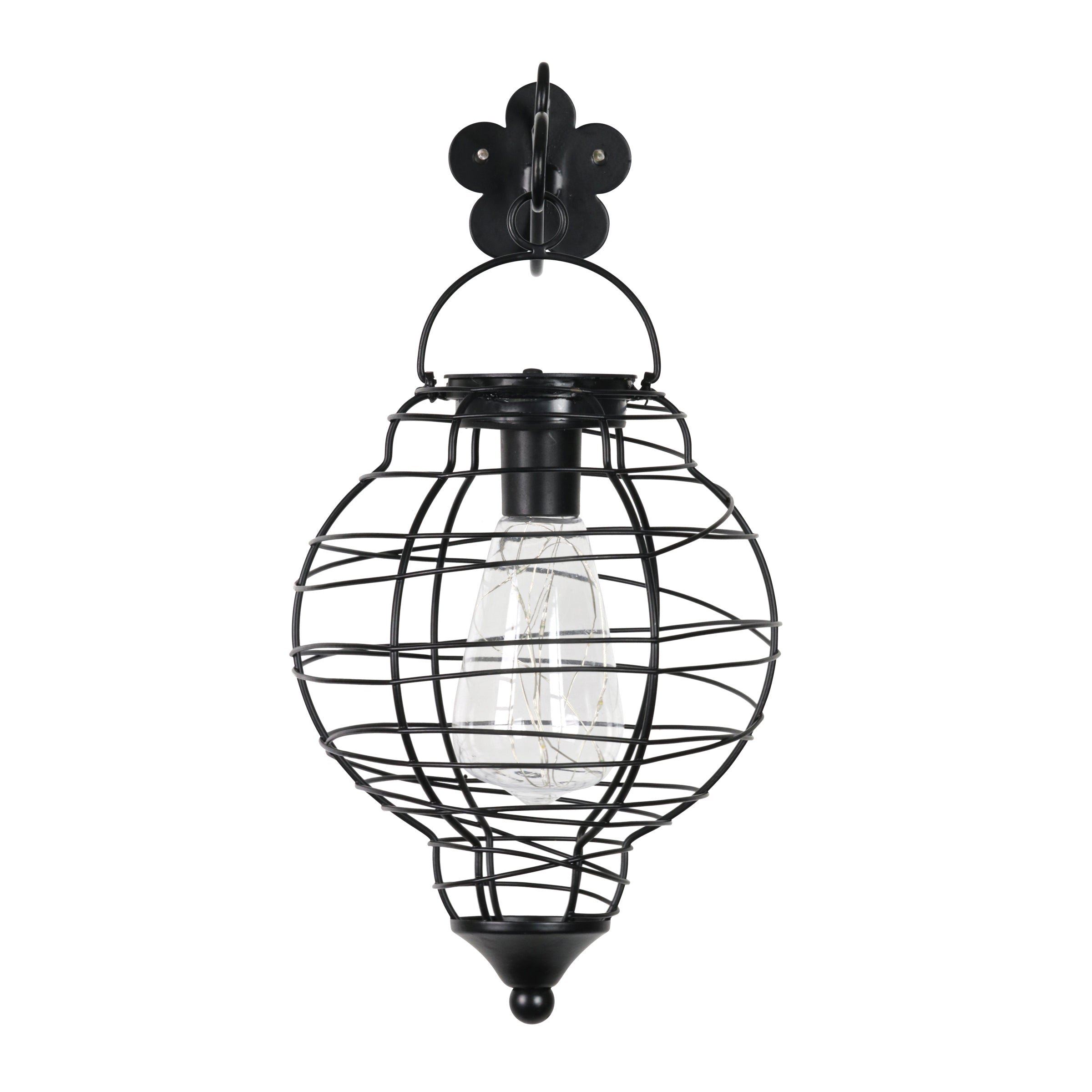 Exhart Solar Metal Wire Hanging Lantern with 10 Warm White LEDs， 14 inches， Black