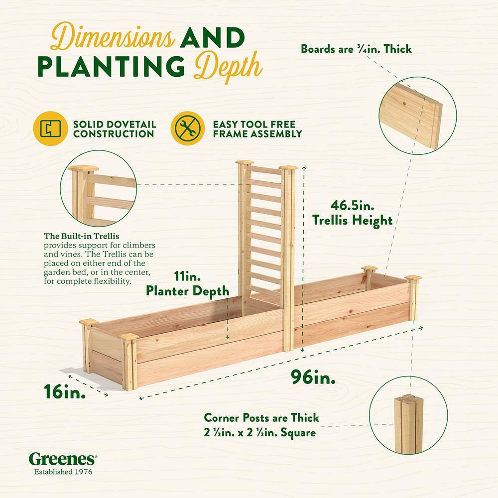 Greenes Fence 16 in. x 8 ft. X 11 in. Premium Cedar Raised Garden Bed with Trellis RC169612PTRE