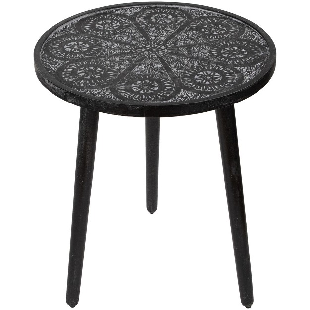 Charcoal Black And Gray Floral Engraved Wooden Side Table