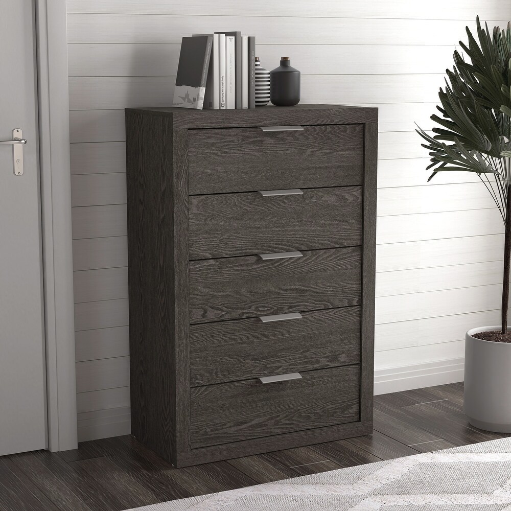 GALANO Harlowin 5 Drawer Dark Gray Oak Chest of Drawers 46.4 in. × 16.2 in. × 30.7 in.