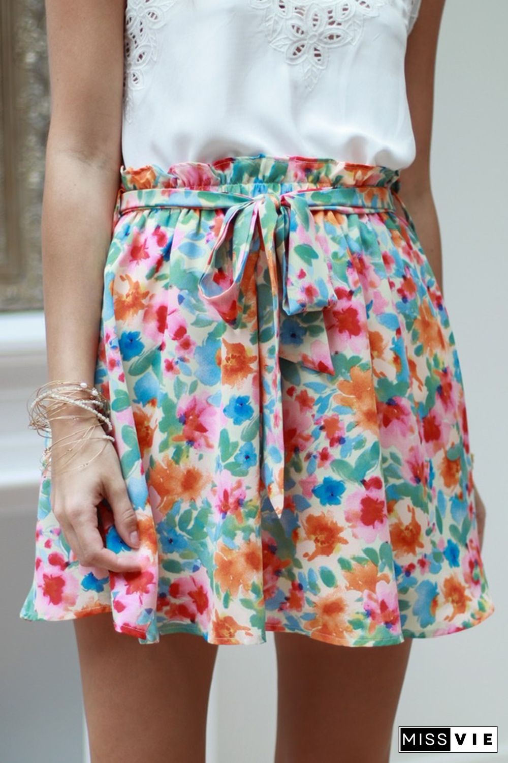 Green Floral Print Waist Tie Mini Skirt