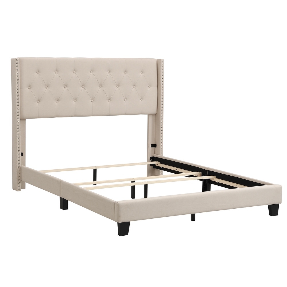 Elegant Design Queen Size Upholstered Platform Bed with Classic Linen Fabric Button Tufted Headboard  Box Spring Needed