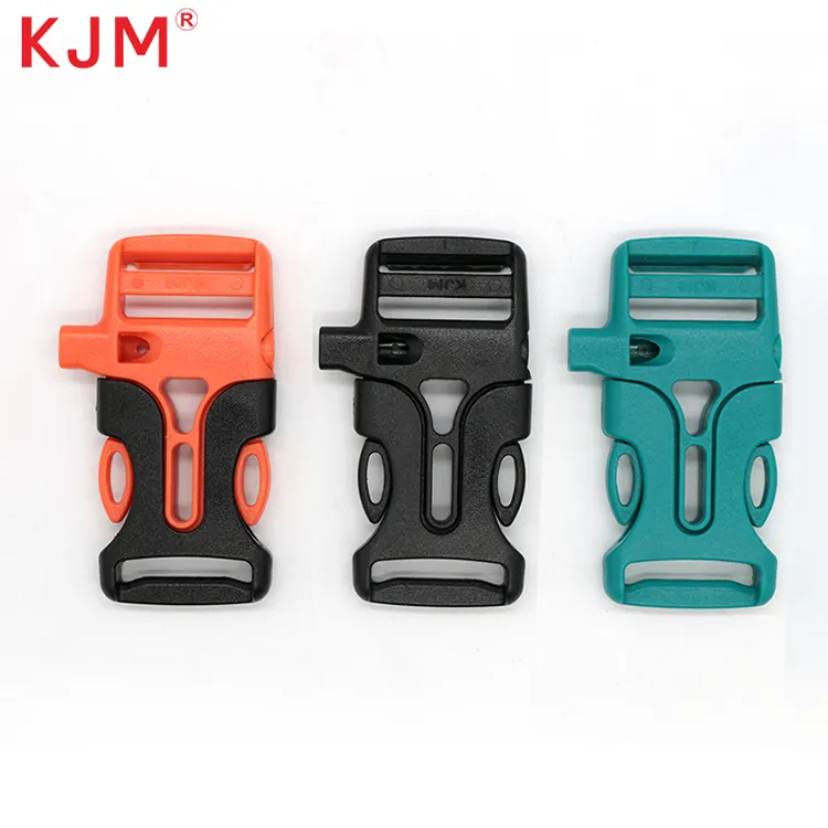 KJM China Factory Outdoor Hiking Backpack Accessories Pom Recycled Plastic Side Release Survival Bracelet Buckles Whistle Clasp