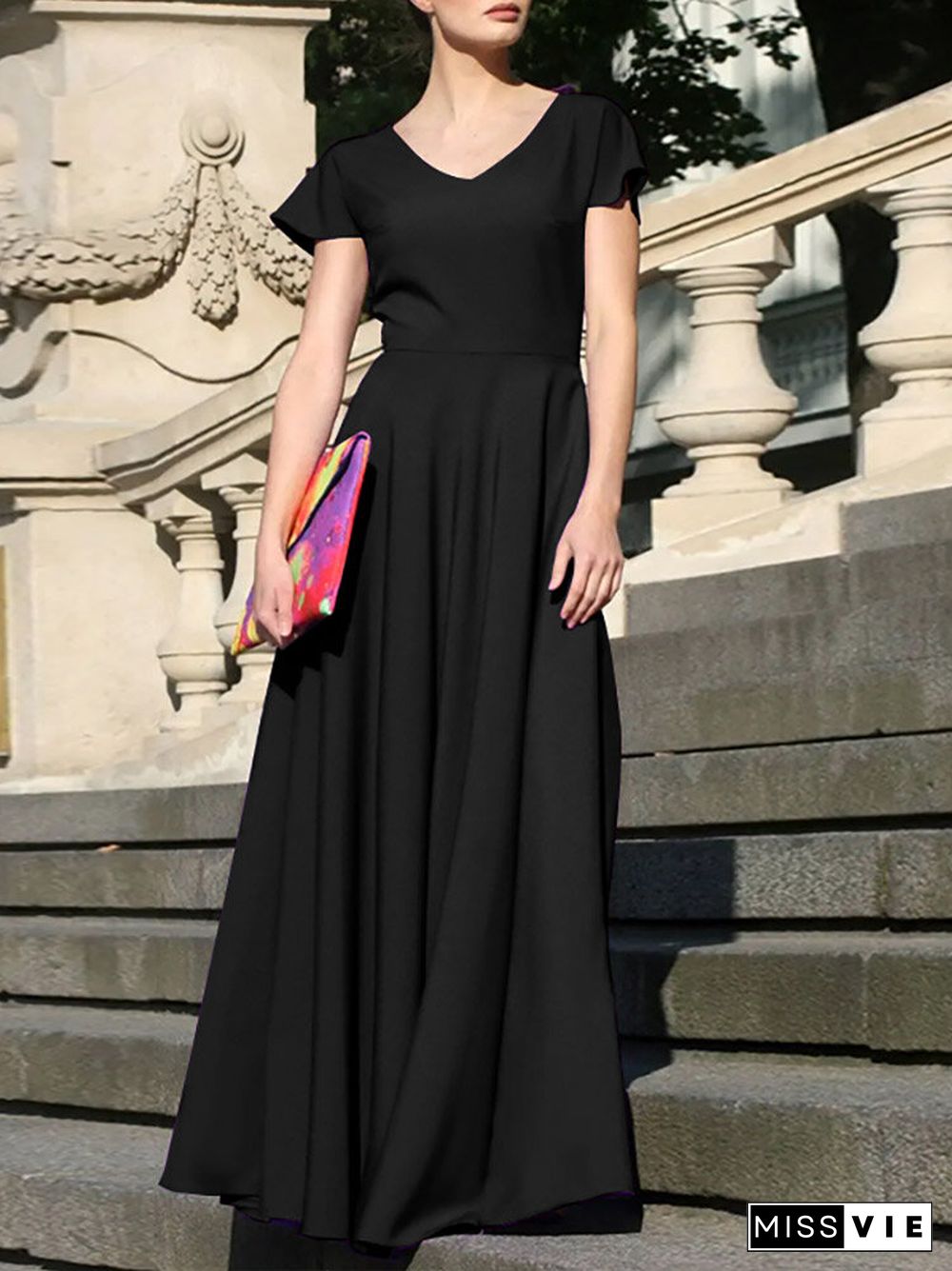 Women Solid Cap Sleeve V-neck Swing Maxi Dress