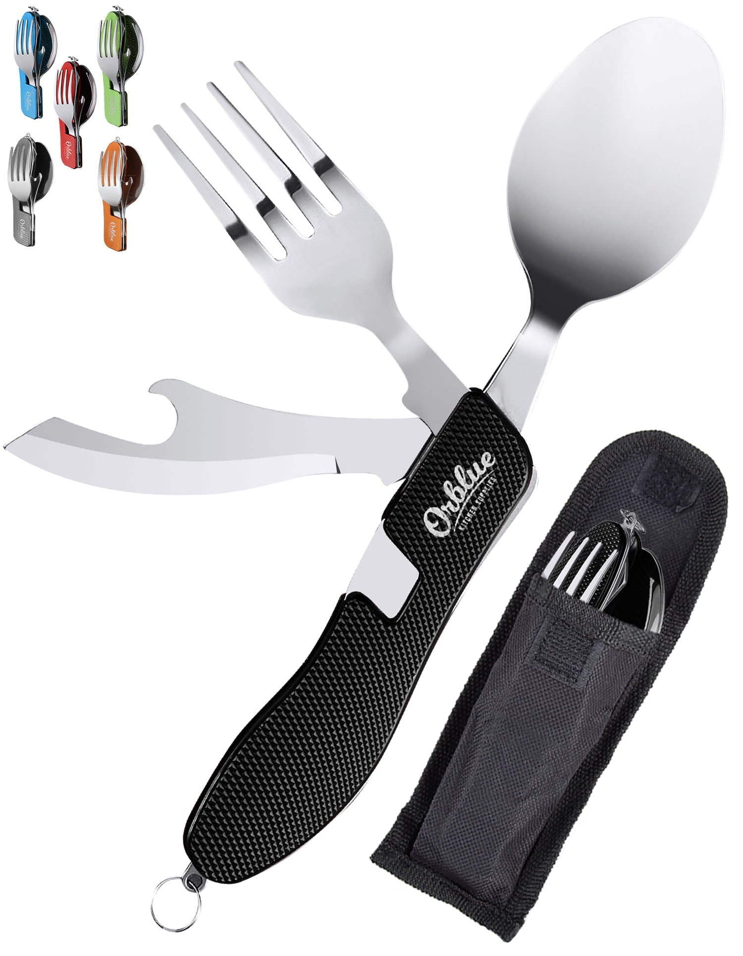 Orblue 4-in-1 Camping Utensils, 2-Pack, Portable Stainless Steel Spoon, Fork, Knife & Bottle Opener Combo Set - Travel, Backpacking Cutlery Multitool, Black