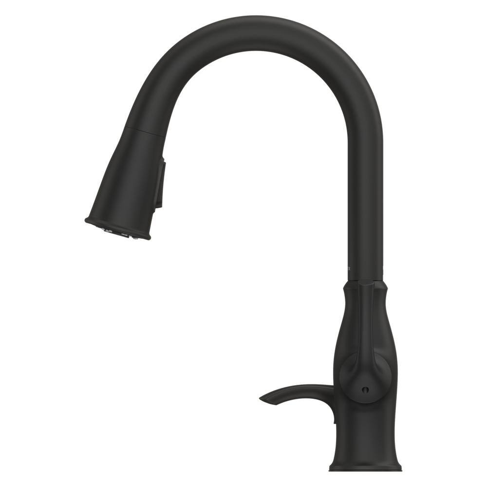 Pfister Rosslyn Single Handle Pull Down Sprayer Kitchen Faucet with Deckplate Included in Matte Black F-529-7RSSRB