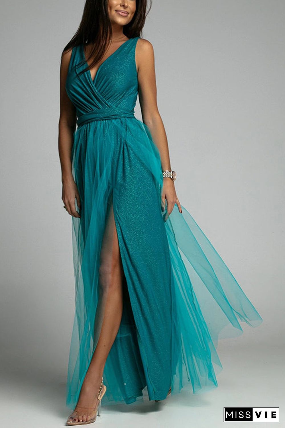 It'S My Day Light Tulle Slit Maxi Dress