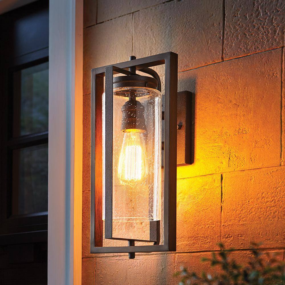 Home Decorators Collection Palermo Grove 8 in. 1-Light Gilded Iron Rustic Farmhouse Outdoor Wall Lantern Sconce with Walnut Wood Accents 7972HDCGIDI