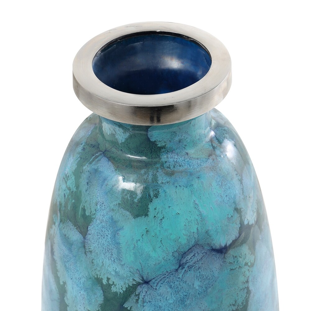 Teal Glass Handmade Vase with Silver Rim