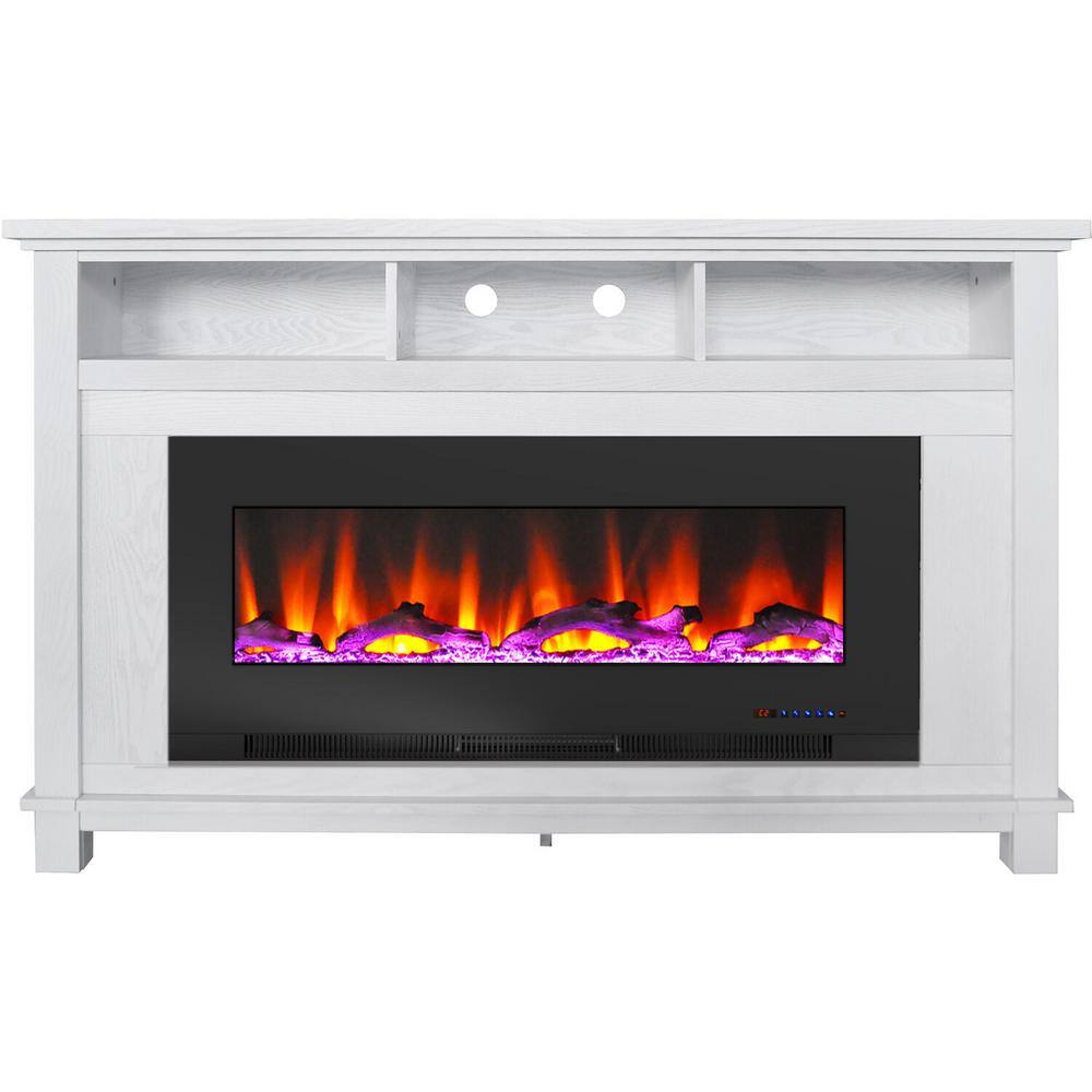 Hanover Winchester 57.8 in. Freestanding Electric Fireplace TV Stand in White and with Black Driftwood Log Display FS5735-2BWT