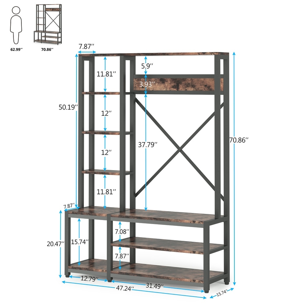 Entryway Hall Tree Coat Rack with Shoe Bench and Side Storage Shelves