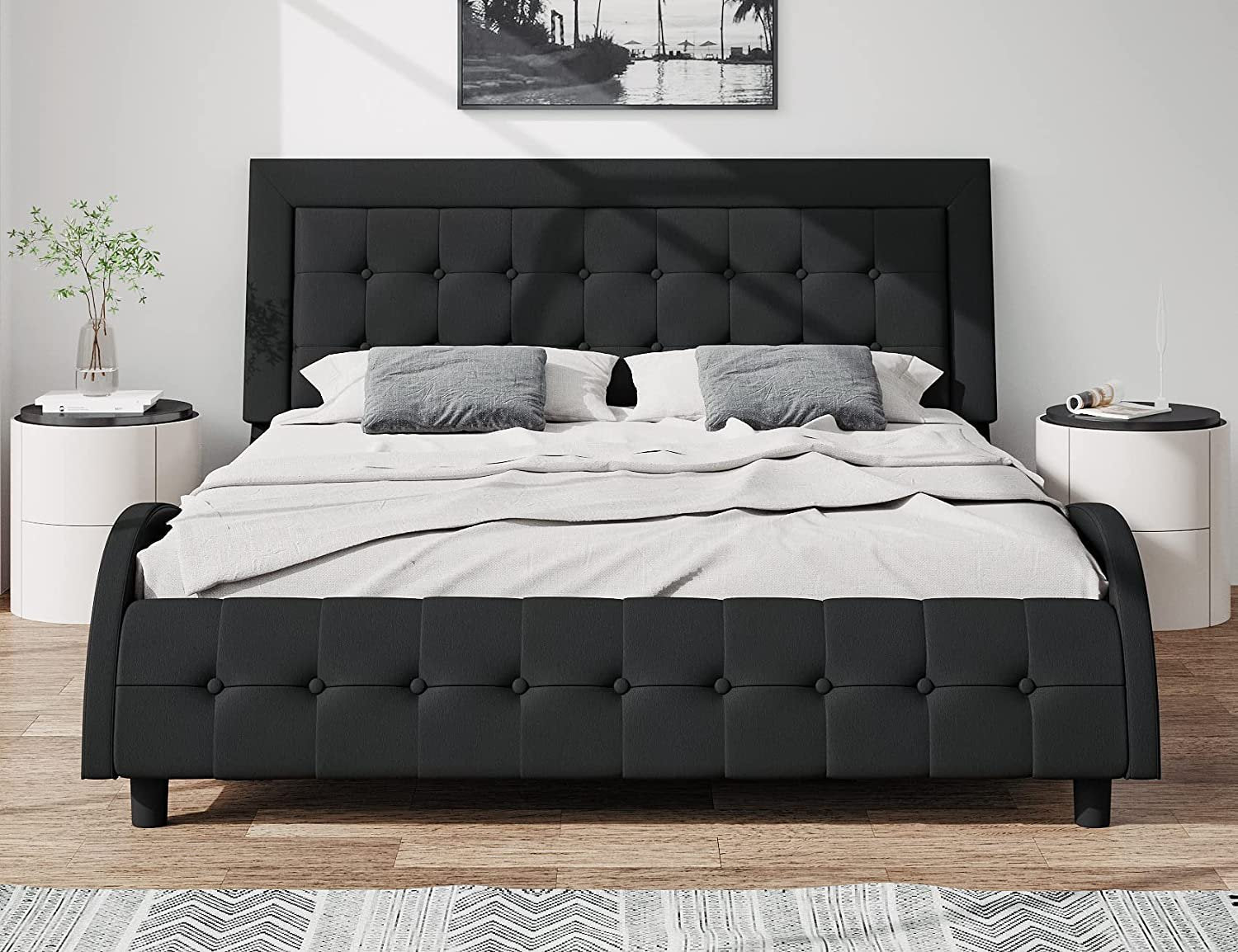 SHA CERLIN Queen Size Low Profile Upholstered Platform Bed Frame with Button Tufted Adjustable Headboard, Wave-Like Shape, Black