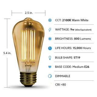 Feit Electric 60-Watt Equivalent ST19 Dimmable Straight Filament Amber Glass Vintage Edison LED Light Bulb Warm White (4-Pack) ST1960VGLEDHDRP4