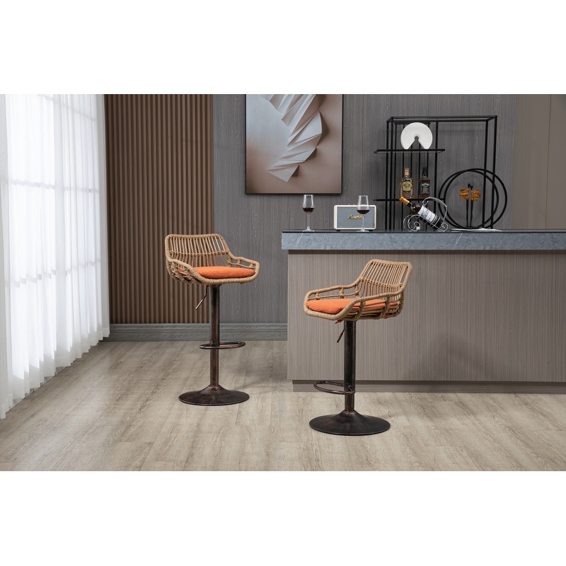 Modern Bar Stool Set of 2  Rattan Barstools Height Adjustable Bar Chairs Swivel Barstools with Footrest for Kitchen  Dining Room