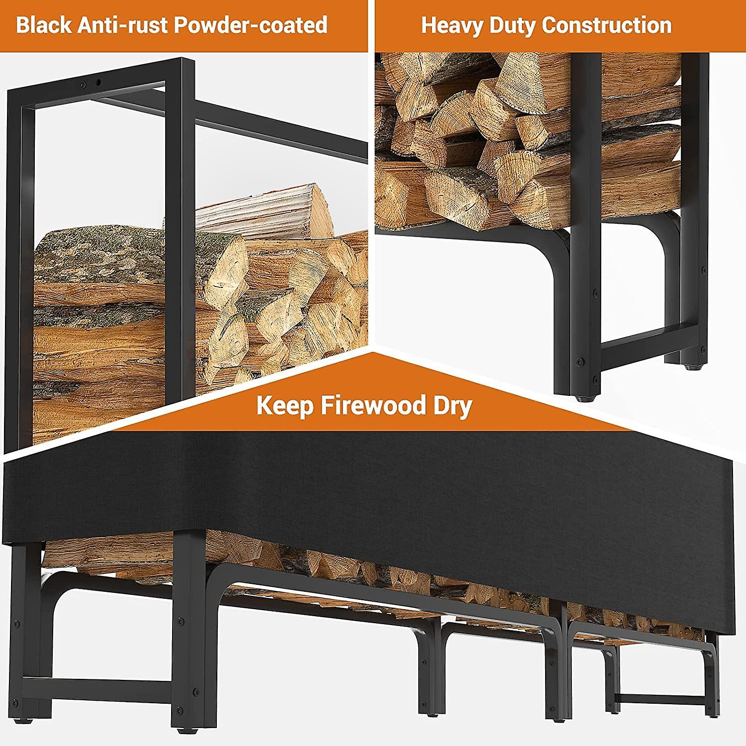 8ft Firewood Rack Outdoor With Cover Combo Set Waterproof， Fire Wood Log Rack For Indoor Fireplace， Heavy Duty Log Holder Stand For Patio Porch， Metal