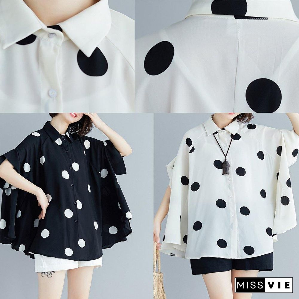 Italian black dotted chiffon tops quality Sewing lapel Art Summer shirt