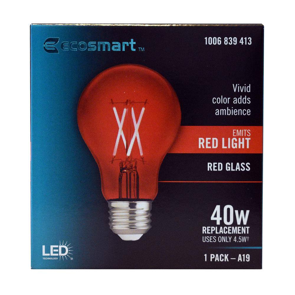 EcoSmart 40-Watt Equivalent A19 Dimmable Filament Red Colored Glass LED Light Bulb (1-Pack) FG-04240