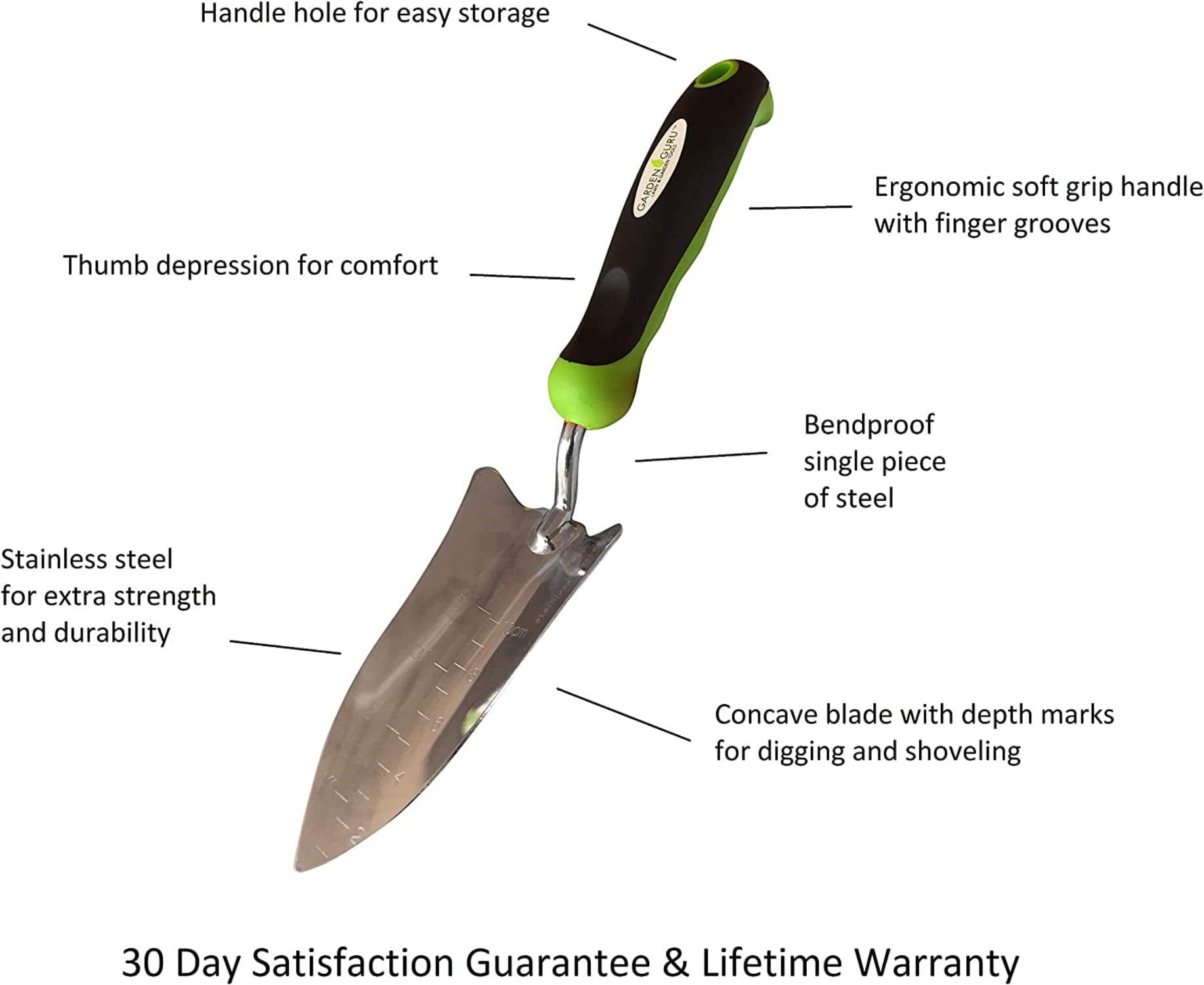 Garden Guru Transplanter Trowel Shovel, Rust Resistant and Stainless Steel with Ergonomic Grip, Perfect Hand Gardening Trowel