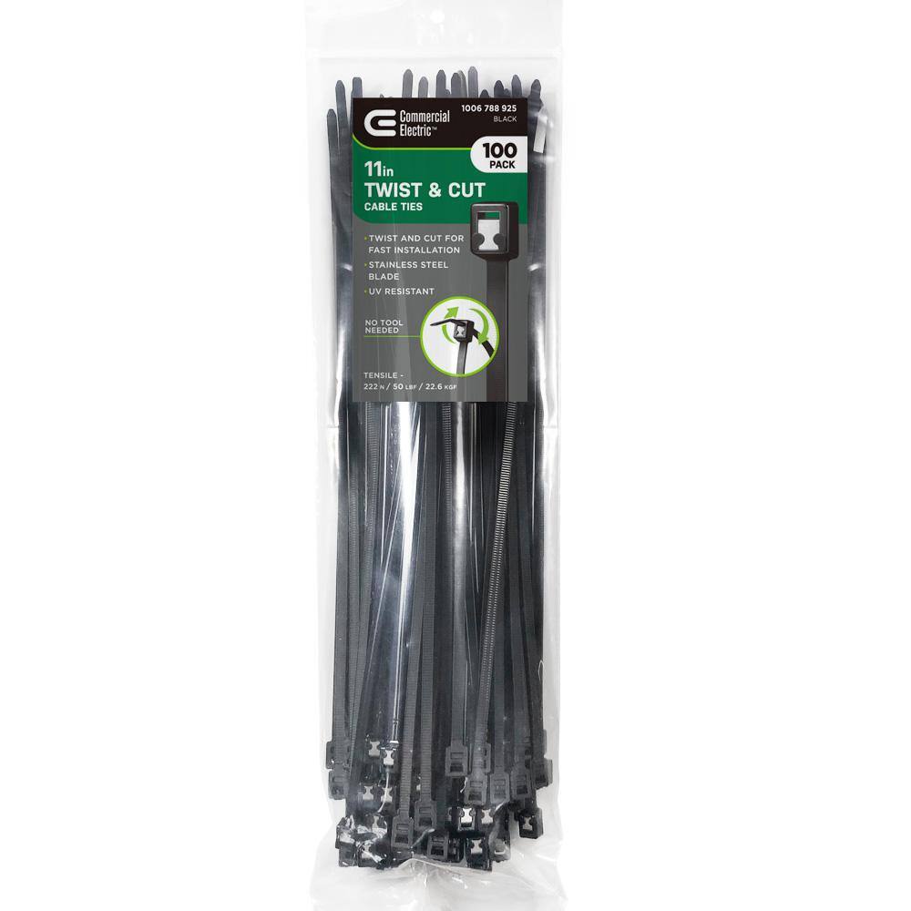 Commercial Electric 11 in. Twist and Cut Cable Tie Black (100-Pack) GTSC-280STUV (100)