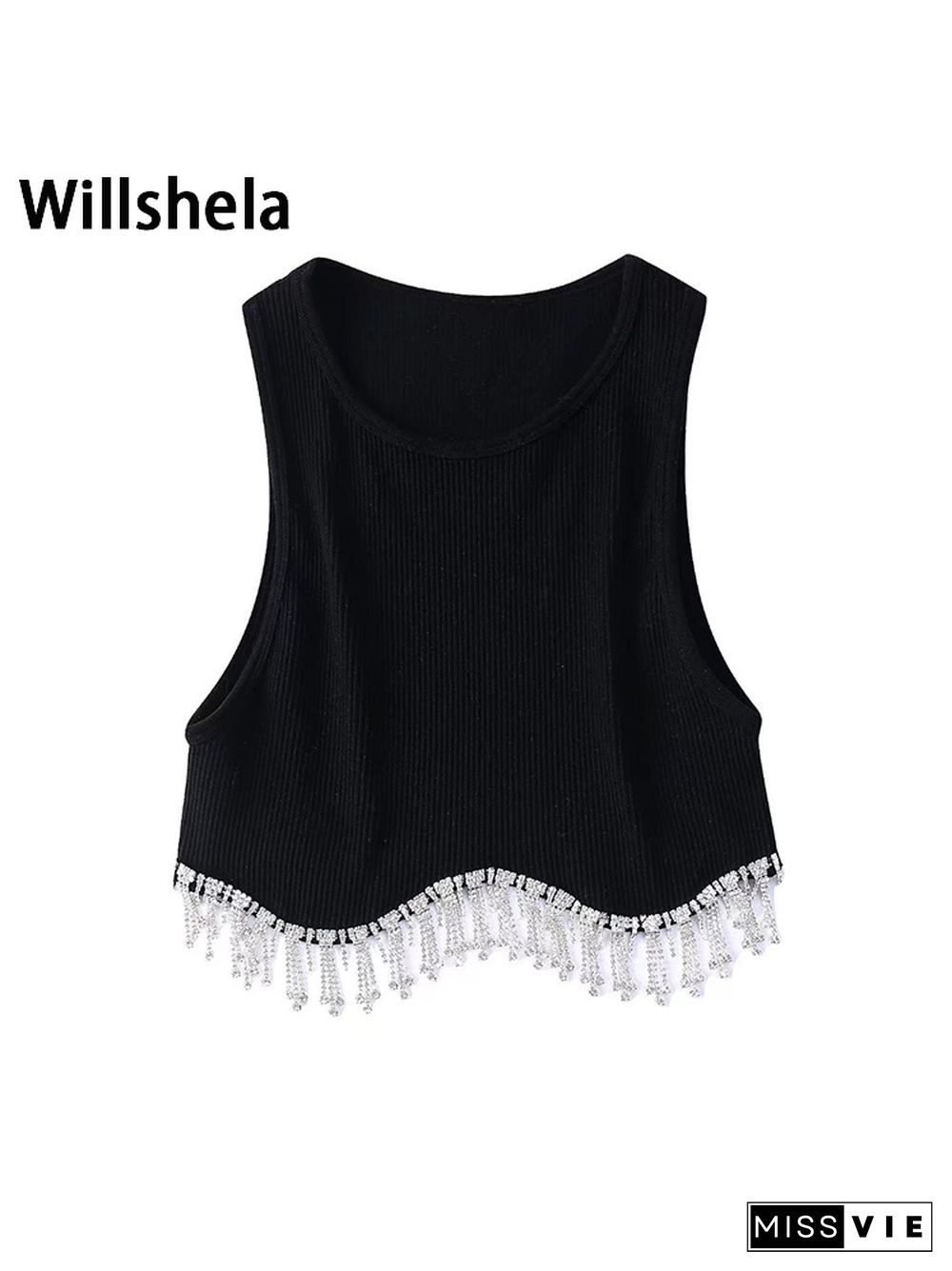 Women Fashion Camis With Beading Hem Cropped Sleeveless Vest Vintage O Neck Female Chic Lady Crop Tank Tops