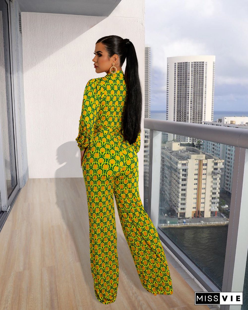 Deep V Long Sleeve Print Wide Leg Jumpsuits