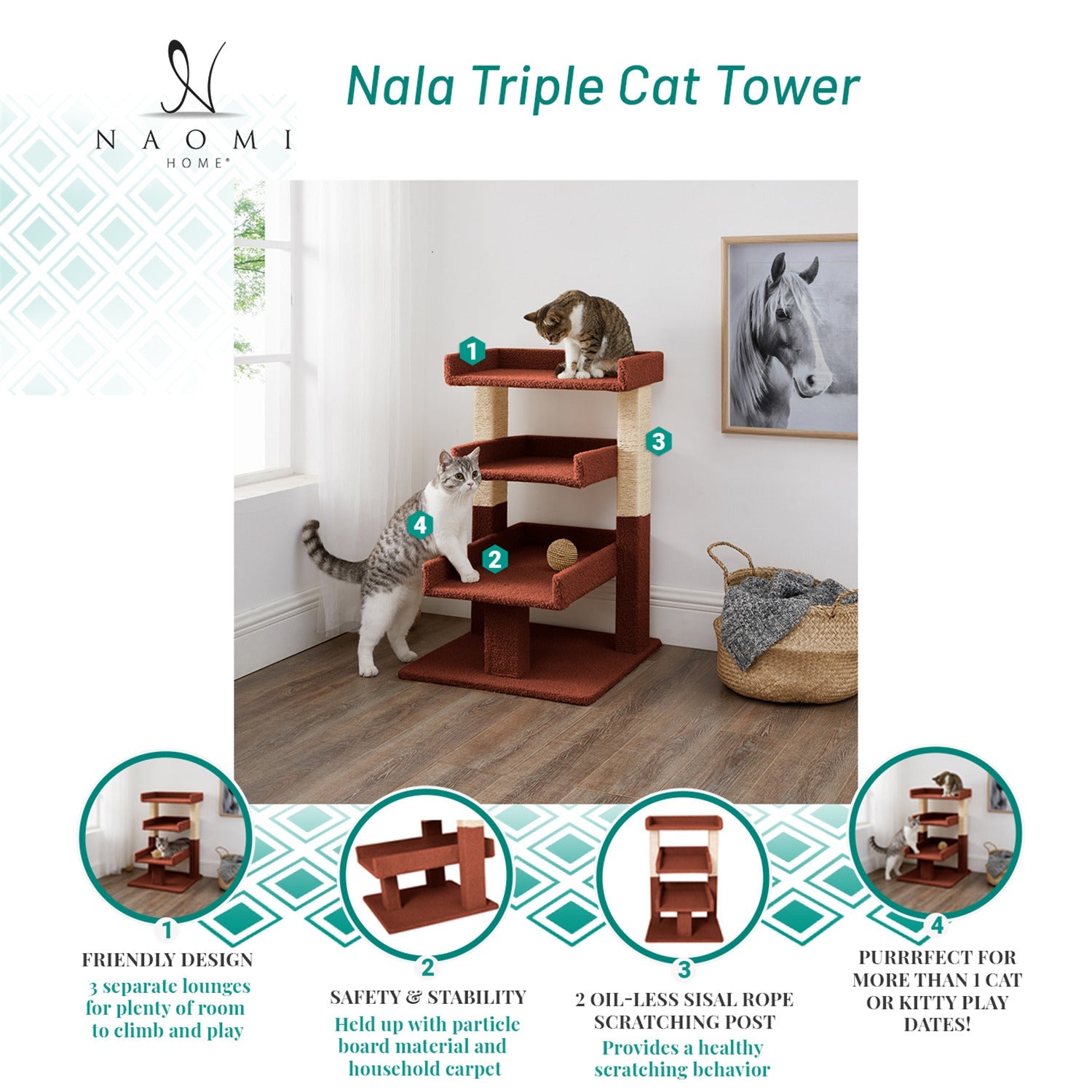 Naomi Home Cat Tree for Indoor Cats, Multi-Level Cat Furniture with Condo Kitten Tower Kitty Stand Play House Color: Terracotta