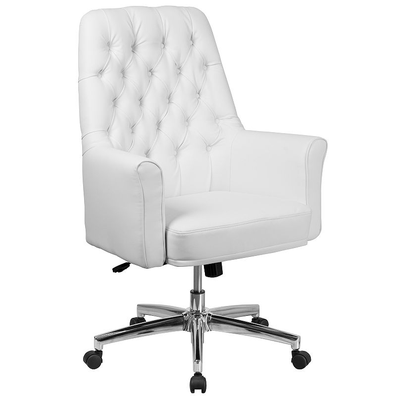 Merrick Lane Chamberlain Office Chair Ergonomic Executive White Tufted Faux Leather Mid-Back With Padded Arms 360▲ Swivel And Adjustable Height