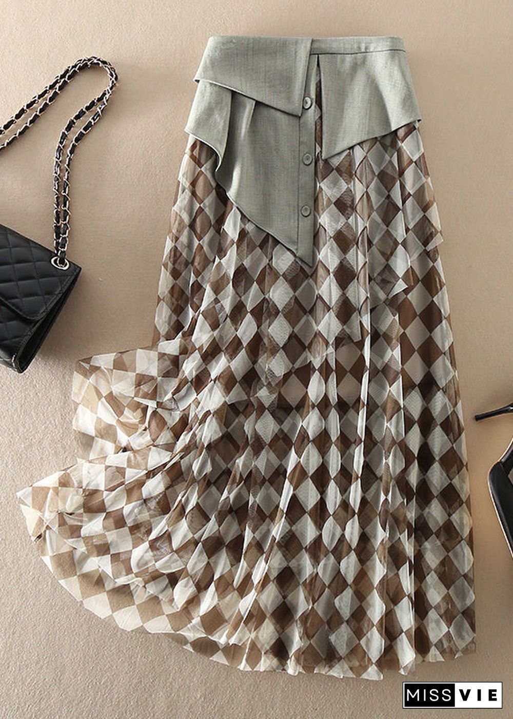 Plus Size Natural high waist Tulle Plaid Skirts Spring