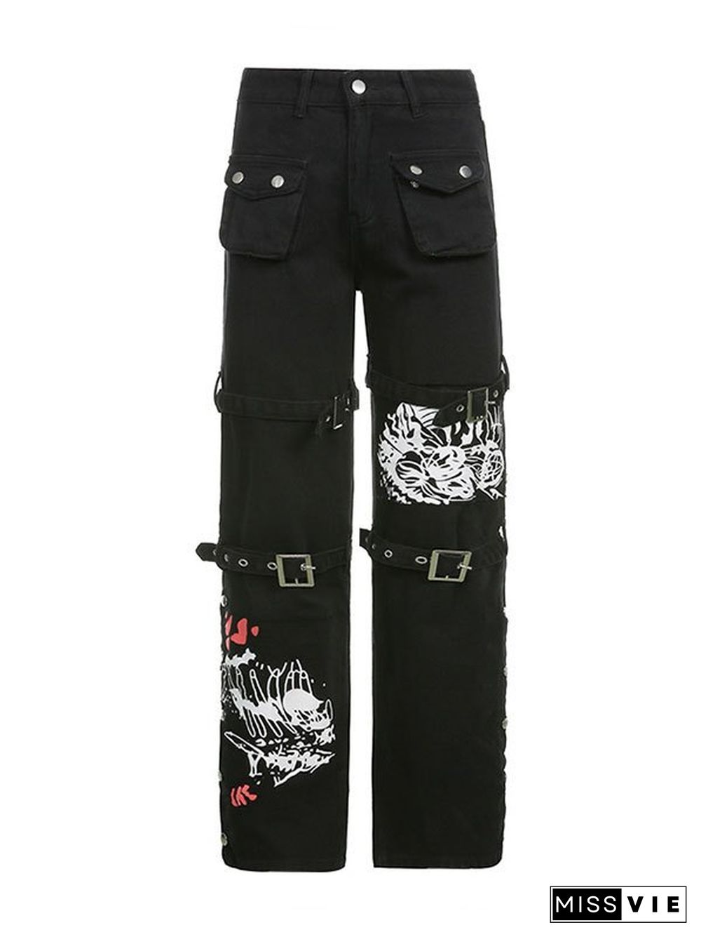 Buckle Strap Printed Cargo Jeans