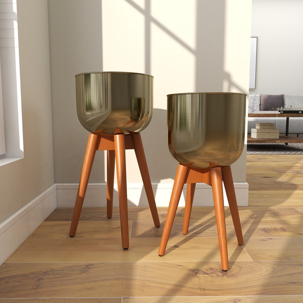 Gold Brushed Metal with Wood Legs Boho Contemporary Modern Planter (Set of 2)   13 x 13 x 24Round