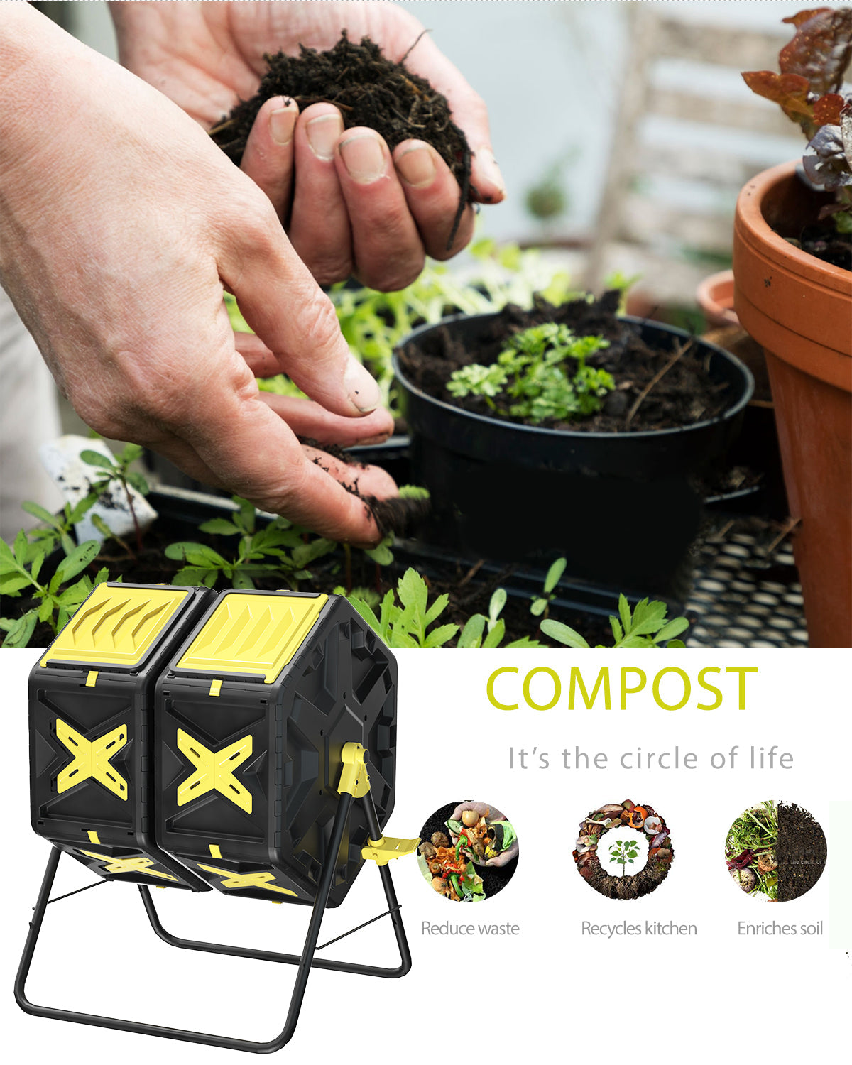 EJWOX Dual Chamber Compost Tumbler Outdoor Composting Bin, 2 X 18.5 Gal/140L