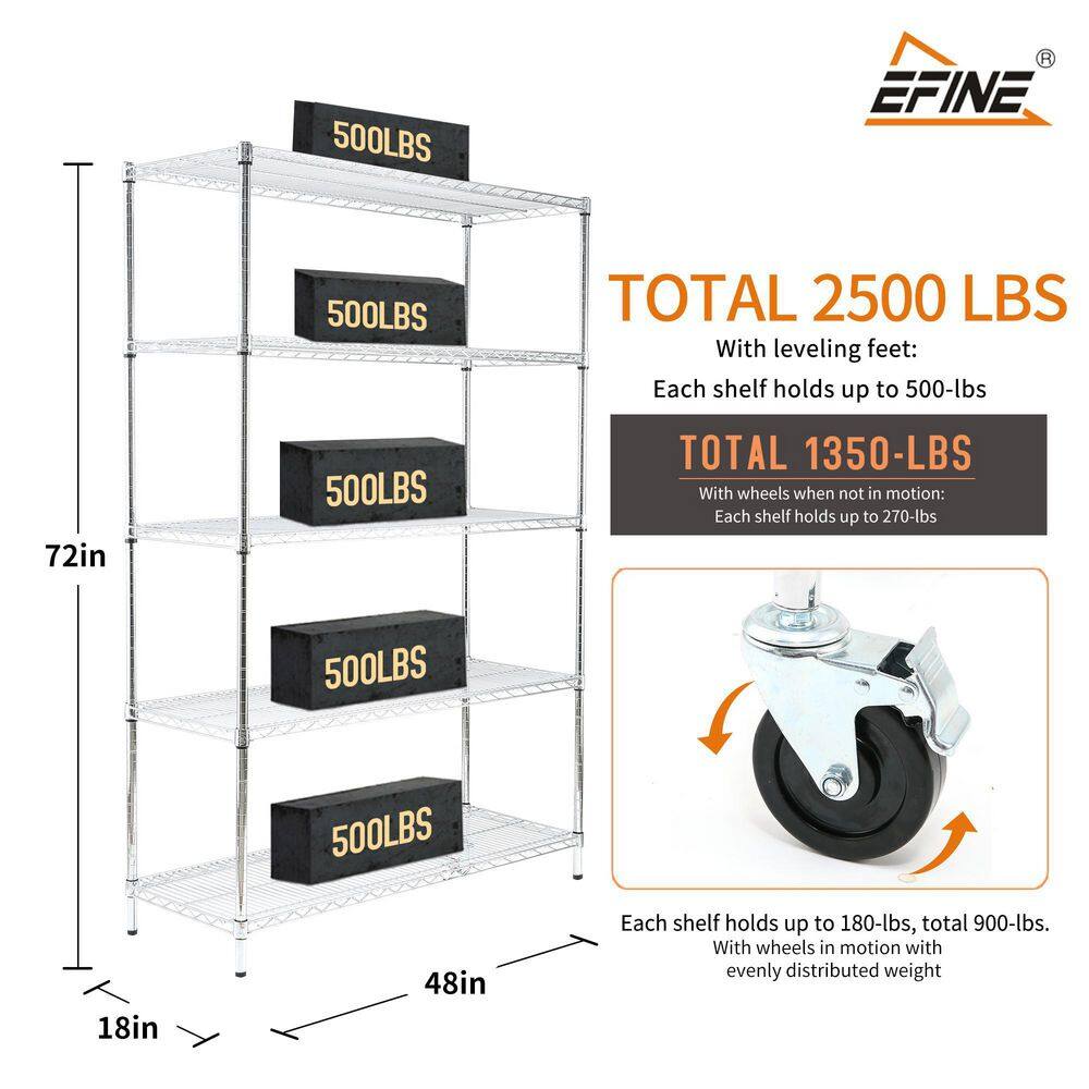 EFINE Chrome 5-Tier Heavy Duty Metal Wire Storage Shelving Unit Casters 500lbs Load Per Shelf (48 in. W x 72 in. H x 18 in. D) RS68-5C