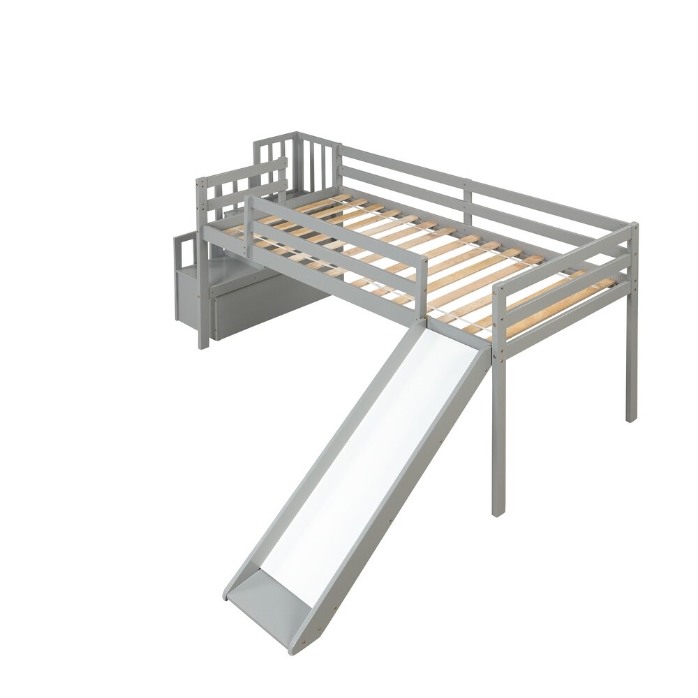 Loft Bed with Slide   Storage Space for Kids  Twin Bed Bedroom  Grey