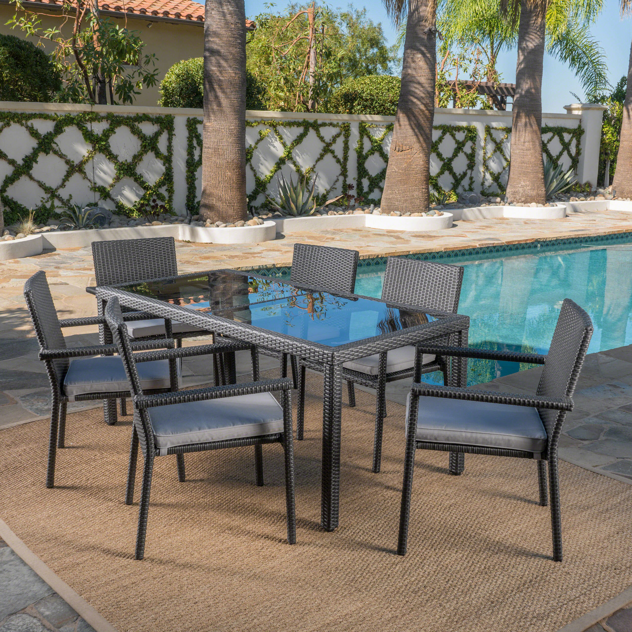 San Simeon Outdoor 7 Piece Wicker Dining Set with Water Resistant Cushions