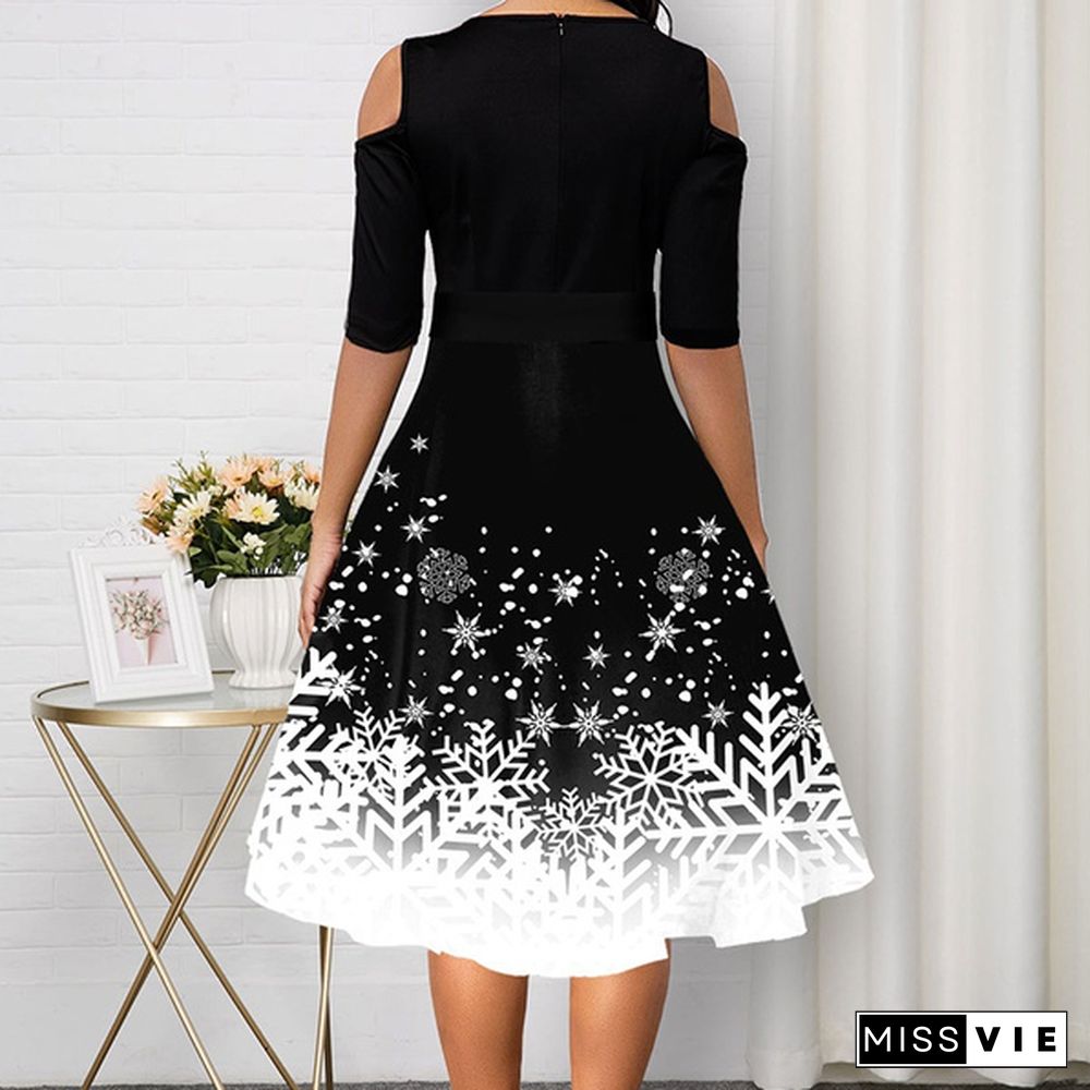 New Arrive Women Belted Snowflake Print Cold Shoulder Round Neck Dress Plus Size Fashion Christmas Party Dress