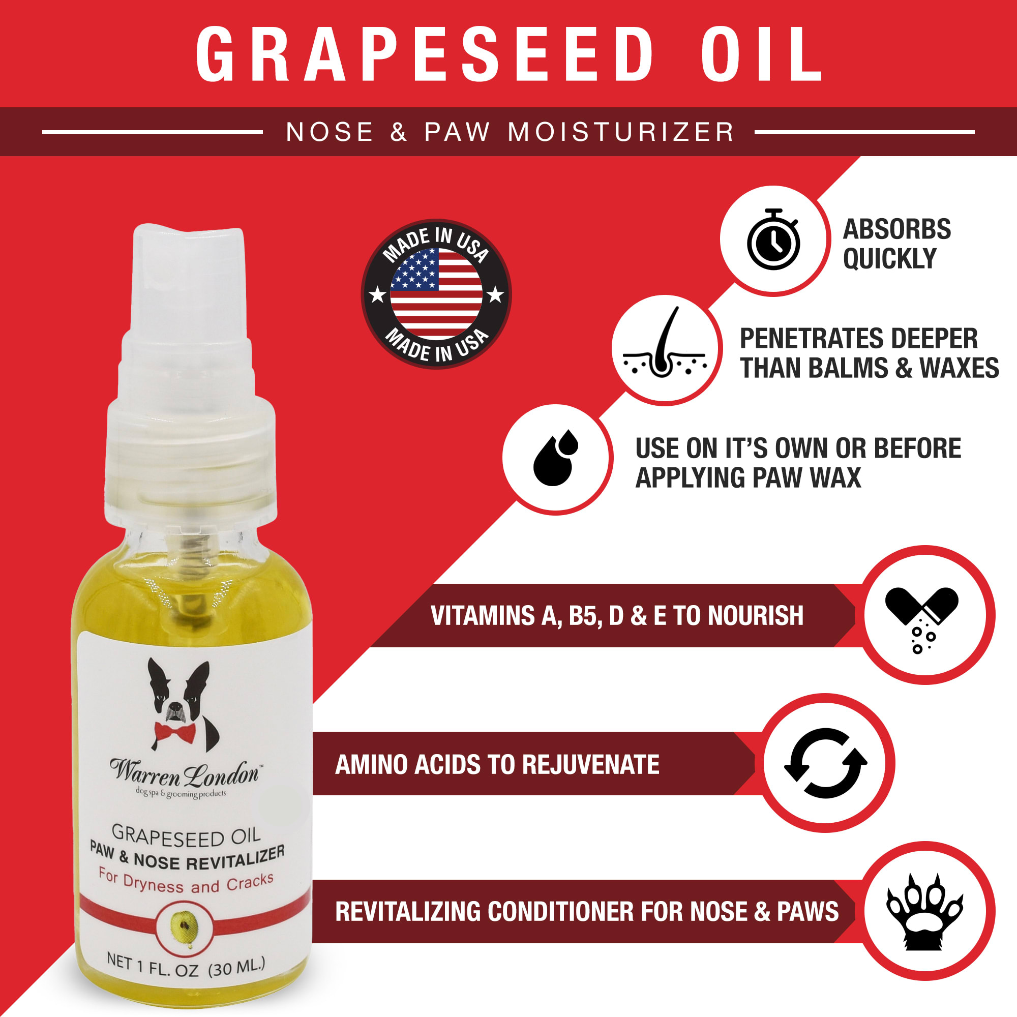 Warren London Grapeseed Oil Dog Nose  Paw Revitalizer for Dogs， 1 fl. oz.