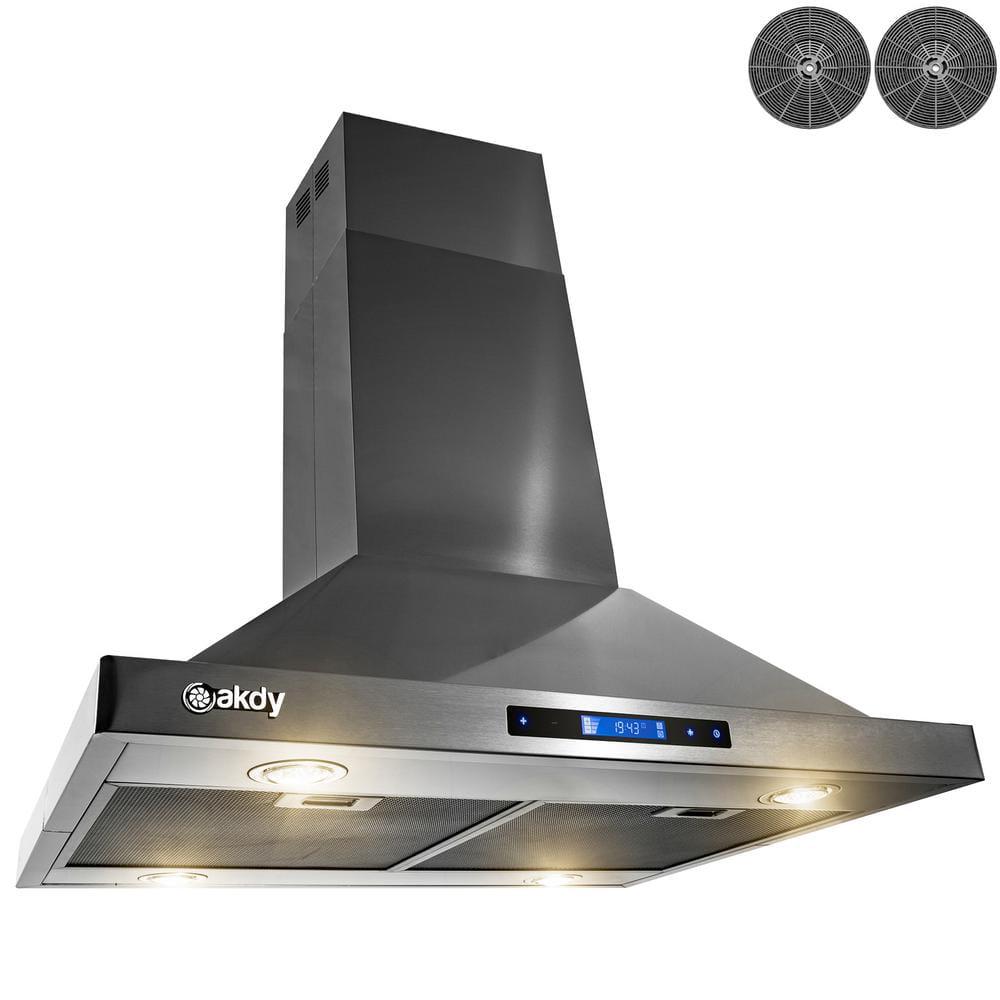 AKDY 30 in 343 CFM Convertible Island Mount Range Hood with Lights and Touch Control in Black Stainless Steel Carbon Filters